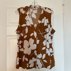 Calvin Klein Brown White Floral Tank Top Blouse Size Large